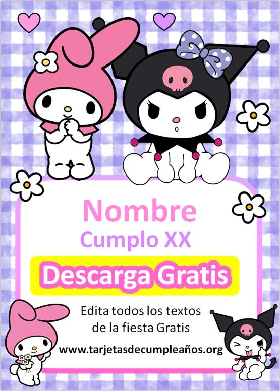 invitaciones de kuromi y my Melody gratis fondo violeta