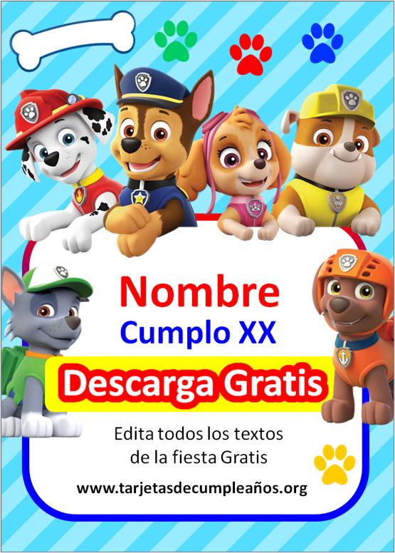 invitaciones de paw patrol digitales para niño fondo celeste