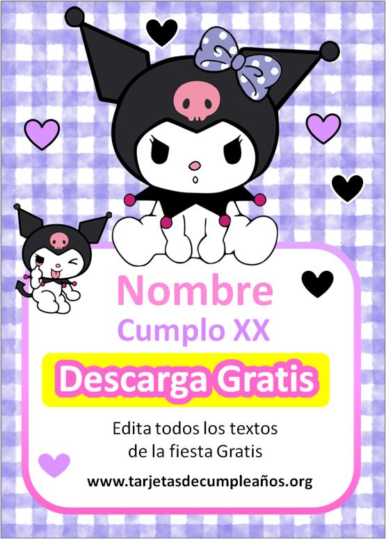 invitaciones de cumpleaños de kuromi fondo a cuadros violeta