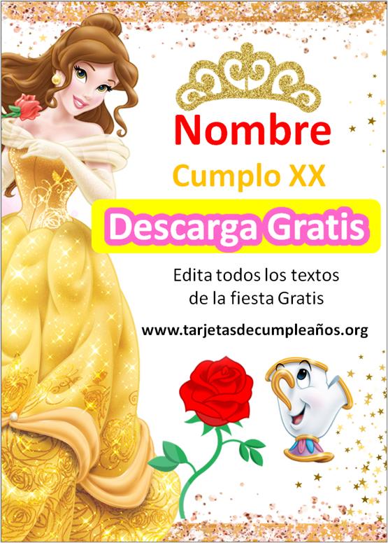 invitaciones de princesa bella para editar brillos dorados